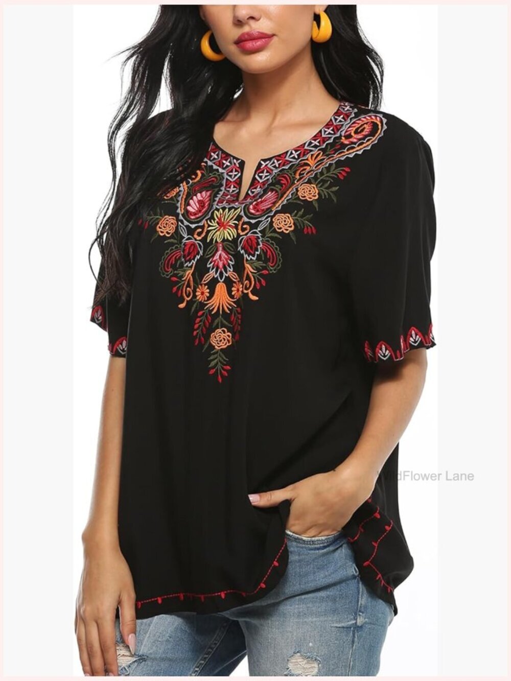 Embroidered Bohemian Peasant Tunic Top V-Neck Short Sleeve Rayon
